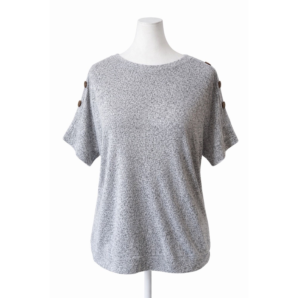 Misia Womens Gray Pullover Top Blouse Button Shoulders Short Sleeve Size M